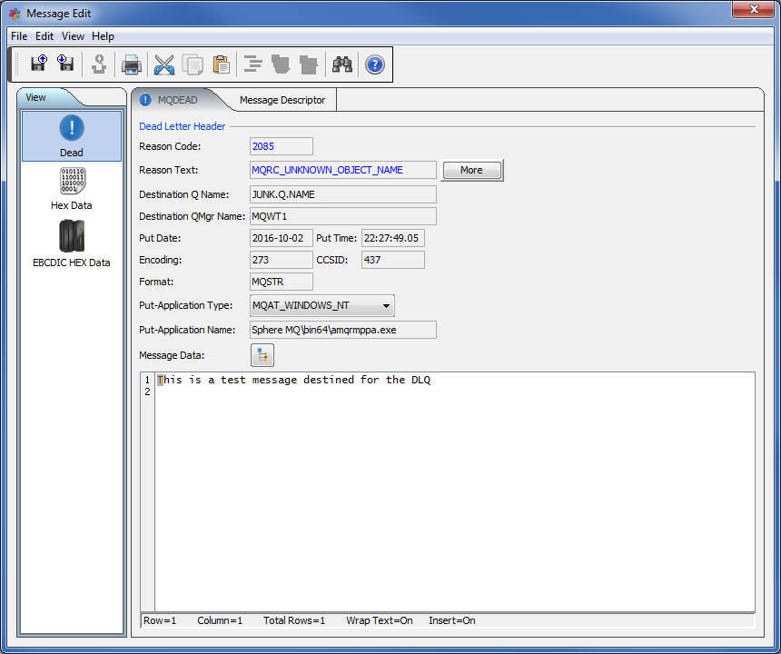 MQ Visual Edit Dead Letter Message window